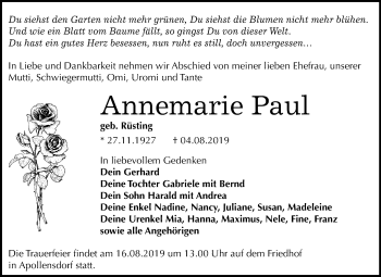 Traueranzeige von Annemarie Paul von Super Sonntag Wittenberg