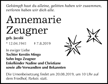 Traueranzeige von Annemarie Zeugner von Super Sonntag Bernburg