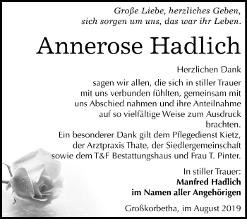 Traueranzeige von Annerose Hadlich von Wochenspiegel Weißenfels