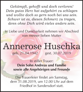 Traueranzeige von Annerose Huschka von Mitteldeutsche Zeitung Bitterfeld