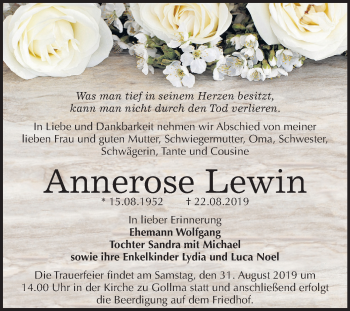 Traueranzeige von Annerose Lewin von Mitteldeutsche Zeitung Halle/Saalkreis