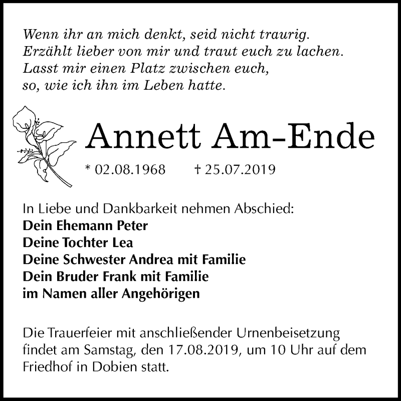  Traueranzeige für Annett Am-Ende vom 10.08.2019 aus Mitteldeutsche Zeitung Wittenberg