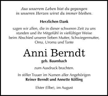 Traueranzeige von Anni Berndt von Super Sonntag Wittenberg