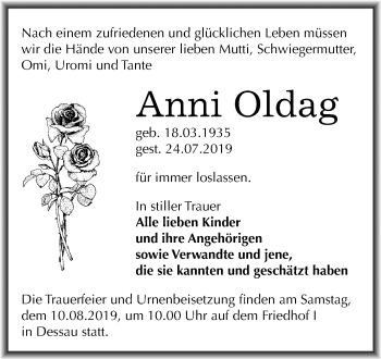 Traueranzeige von Anni Oldag von Super Sonntag Dessau-Roßlau