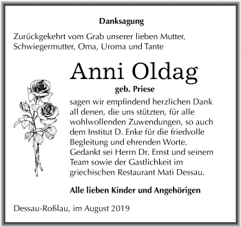 Traueranzeige von Anni Oldag von Mitteldeutsche Zeitung Dessau-Roßlau