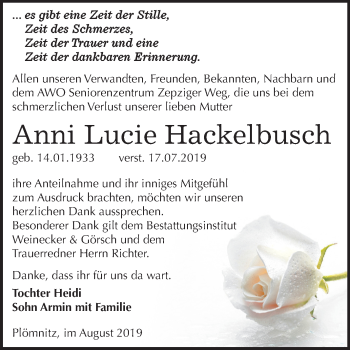 Traueranzeige von Anni Lucie Hackelbusch von Mitteldeutsche Zeitung Bernburg