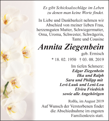 Traueranzeige von Annita Ziegenbein von Super Sonntag Sangerhausen