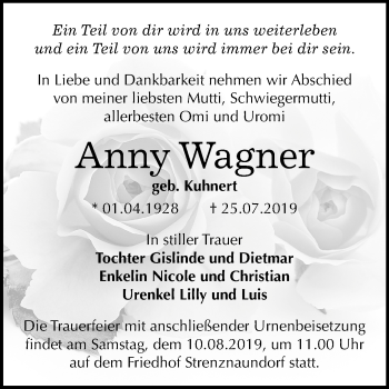 Traueranzeige von Anny Wagner von Mitteldeutsche Zeitung Bernburg