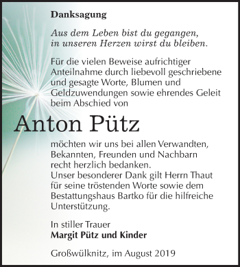 Traueranzeige von Anton Pütz von Mitteldeutsche Zeitung Köthen