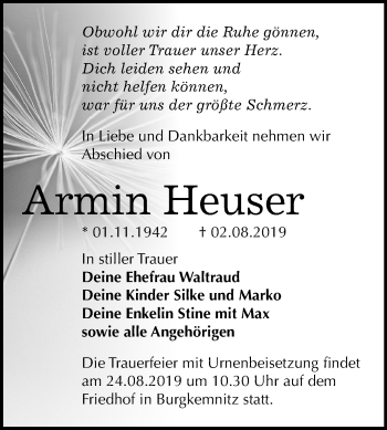 Traueranzeige von Armin Heuser von Mitteldeutsche Zeitung Bitterfeld