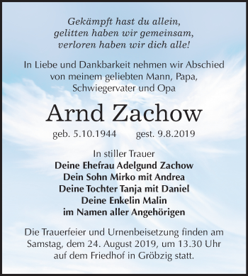 Traueranzeige von Arnd Zachow von Mitteldeutsche Zeitung Köthen