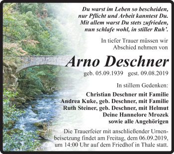 Traueranzeige von Arno Dreschner von Mitteldeutsche Zeitung Quedlinburg