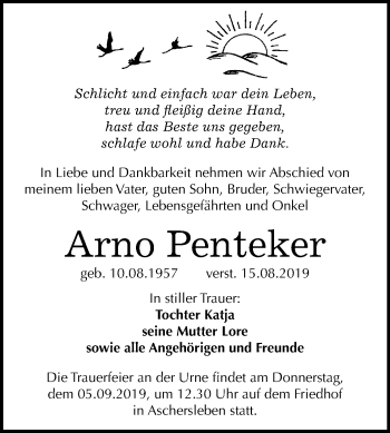 Traueranzeige von Arno Penteker von Mitteldeutsche Zeitung Aschersleben