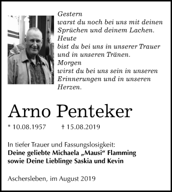 Traueranzeige von Arno Penteker von Wochenspiegel Aschersleben