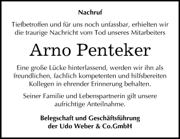 Traueranzeige von Arno Penteker von Wochenspiegel Aschersleben