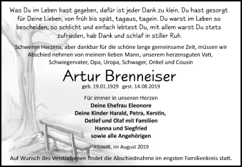 Traueranzeige von Artur Brenneiser von Super Sonntag Sangerhausen