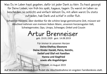 Traueranzeige von Artur Brenneiser von Mitteldeutsche Zeitung Sangerhausen