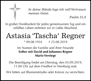 Traueranzeige von Astasia  Regner von Mitteldeutsche Zeitung Bernburg