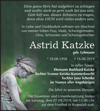 Traueranzeige von Astrid Katzke von Mitteldeutsche Zeitung Wittenberg