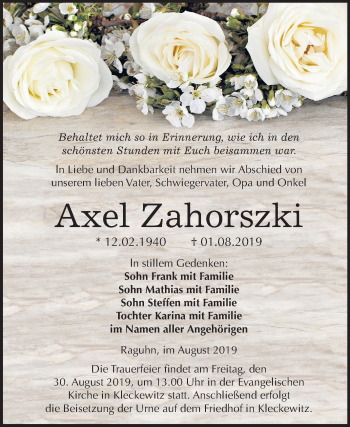 Traueranzeige von Axel Zahorszki von Wochenspiegel Bitterfeld