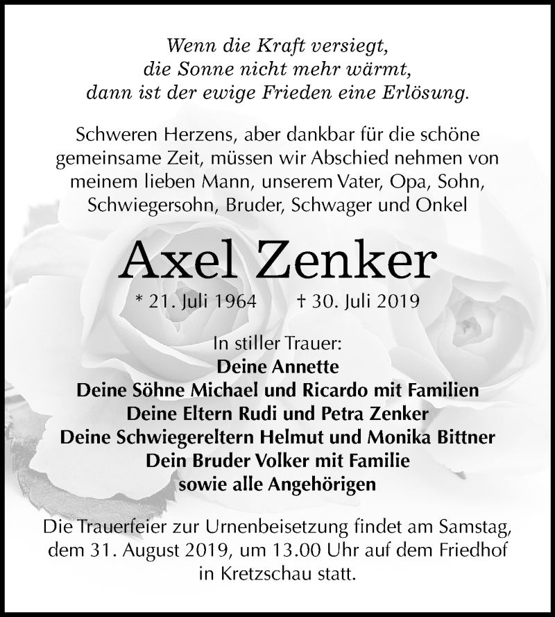  Traueranzeige für Axel Zenker vom 10.08.2019 aus Mitteldeutsche Zeitung Zeitz