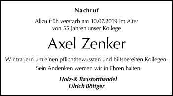 Traueranzeige von Axel Zenker von Super Sonntag Zeitz