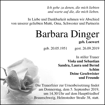 Traueranzeige von Barbara Dinger von Mitteldeutsche Zeitung Quedlinburg