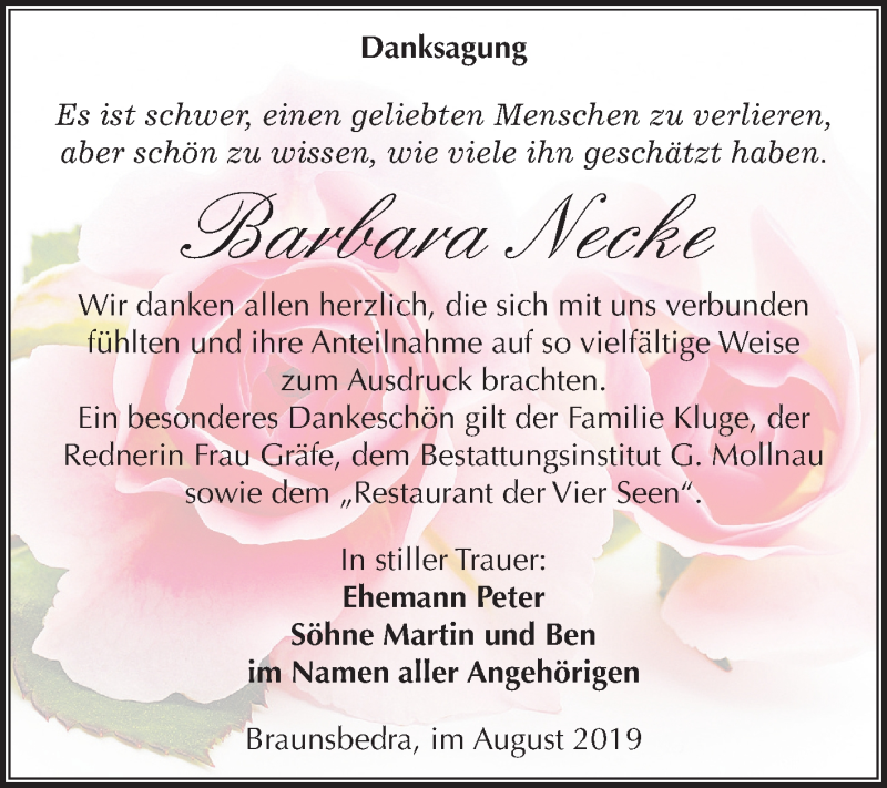  Traueranzeige für Barbara Necke vom 17.08.2019 aus Mitteldeutsche Zeitung Merseburg/Querfurt