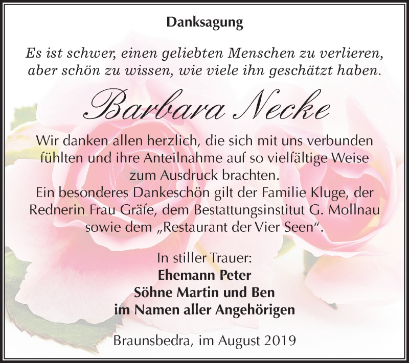  Traueranzeige für Barbara Necke vom 17.08.2019 aus Super Sonntag Merseburg/Querfurt