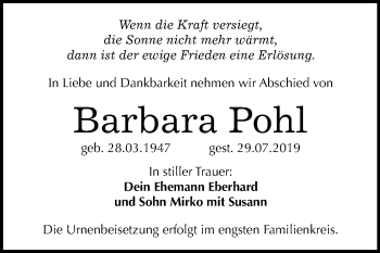 Traueranzeige von Barbara Pohl von Wochenspiegel Bitterfeld