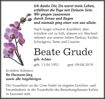 Traueranzeige von Beate Grude von Mitteldeutsche Zeitung Mansfelder Land