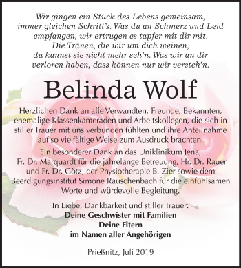 Traueranzeige von Belinda Wolf von Wochenspiegel Naumburg/Nebra