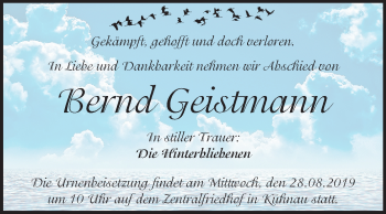 Traueranzeige von Bernd Geistmann von Super Sonntag Dessau-Roßlau