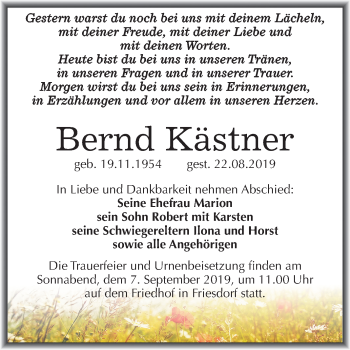 Traueranzeige von Bernd Kästner von Mitteldeutsche Zeitung Mansfelder Land