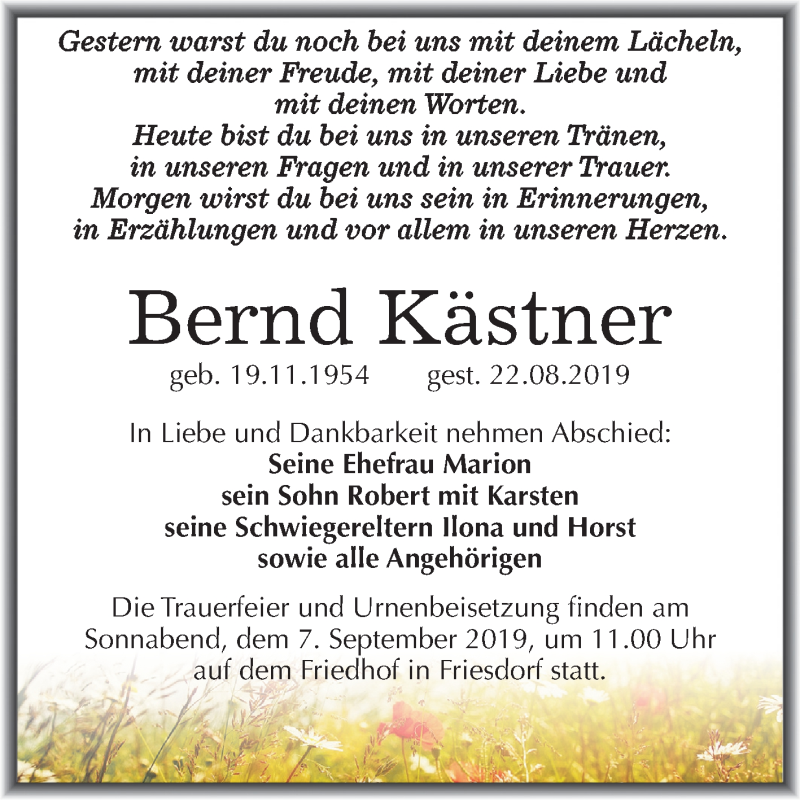  Traueranzeige für Bernd Kästner vom 30.08.2019 aus Mitteldeutsche Zeitung Mansfelder Land