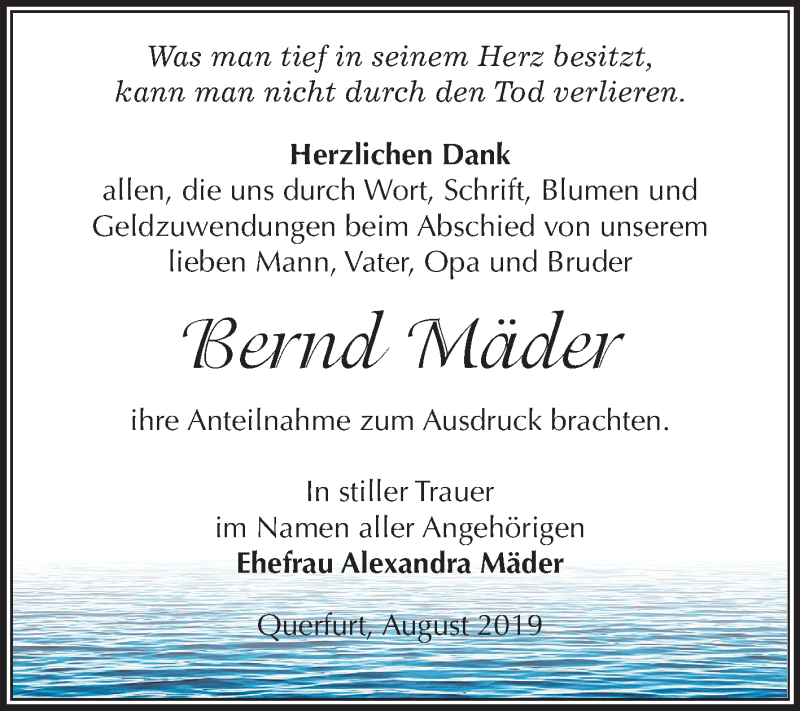  Traueranzeige für Bernd Mäder vom 17.08.2019 aus Mitteldeutsche Zeitung Merseburg/Querfurt