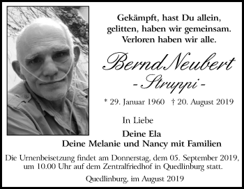 Traueranzeige von Bernd Neubert von Mitteldeutsche Zeitung Quedlinburg