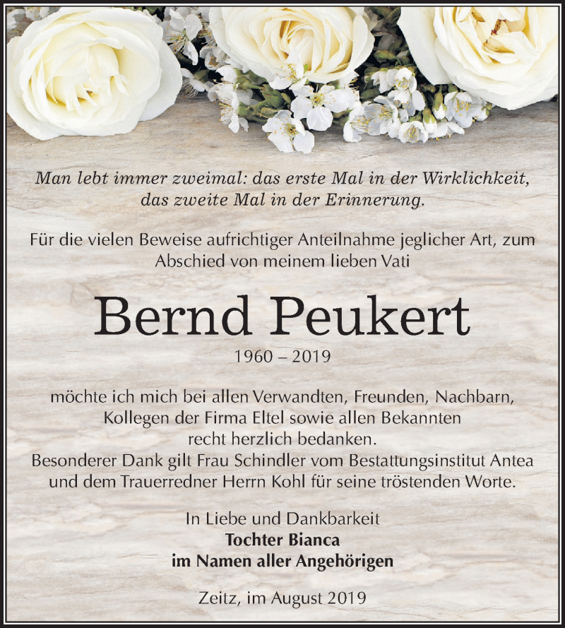  Traueranzeige für Bernd Peukert vom 24.08.2019 aus Super Sonntag Zeitz