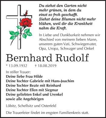 Traueranzeige von Bernhard Rudolf von Wochenspiegel Naumburg/Nebra