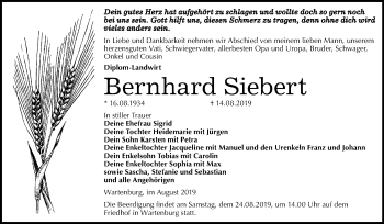 Traueranzeige von Bernhard Siebert von Wochenspiegel Wittenberg