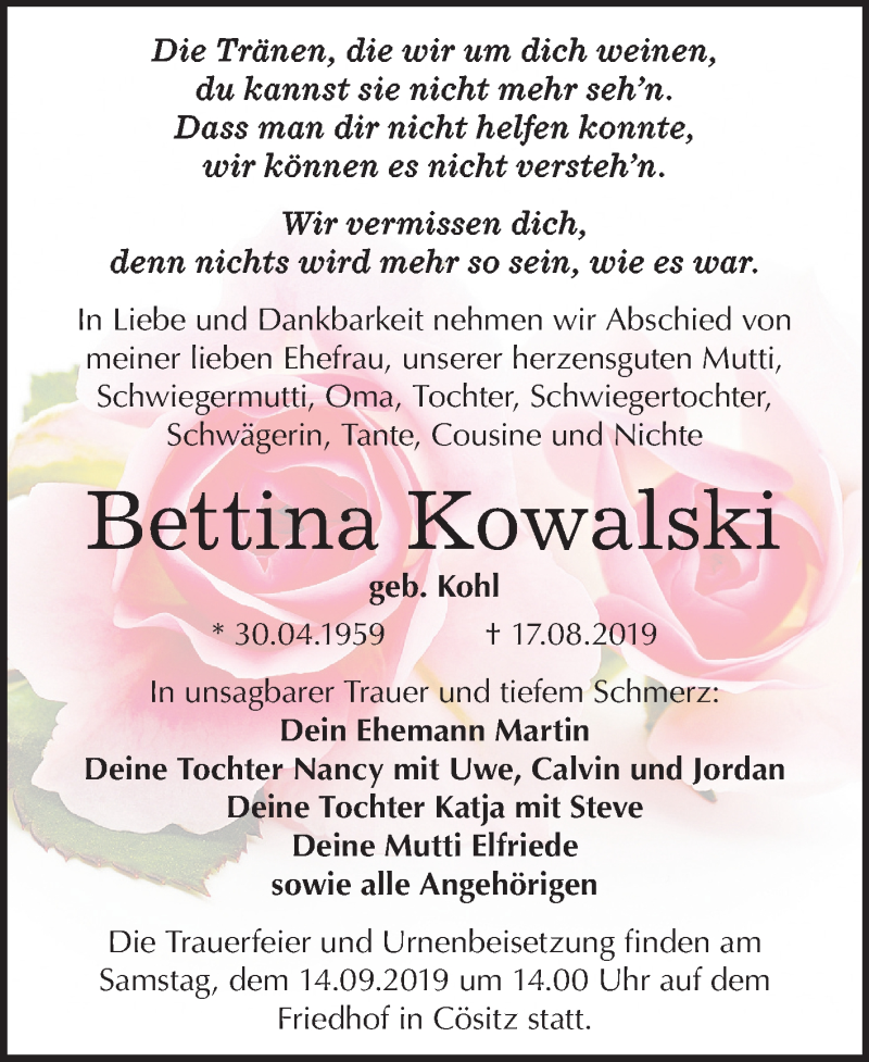  Traueranzeige für Bettina Kowalski vom 23.08.2019 aus Mitteldeutsche Zeitung Köthen