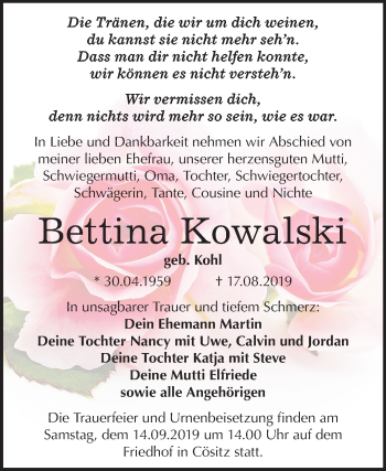 Traueranzeige von Bettina Kowalski von Super Sonntag Köthen