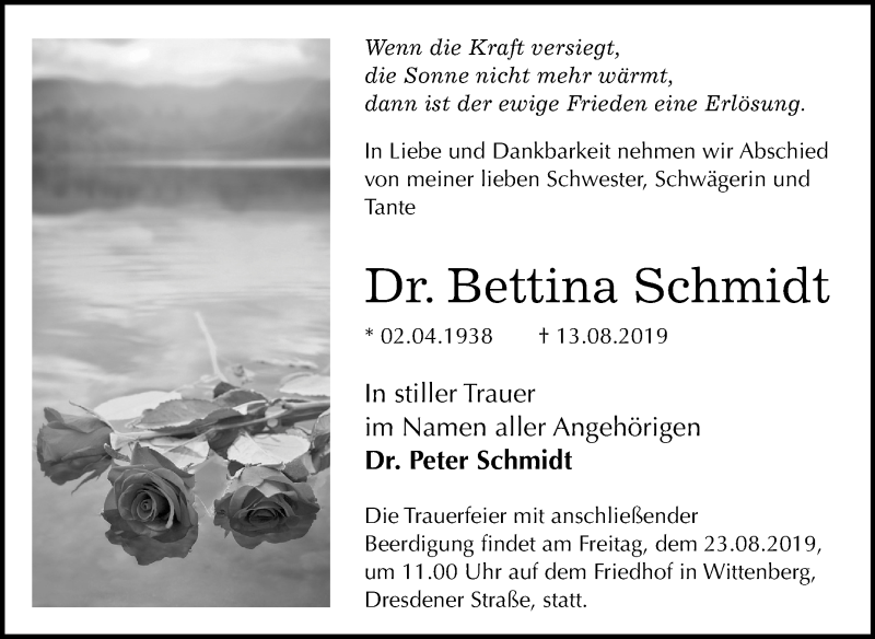  Traueranzeige für Bettina Schmidt vom 17.08.2019 aus Super Sonntag Wittenberg