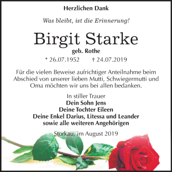 Traueranzeige von Birgit Starke von Mitteldeutsche Zeitung Weißenfels