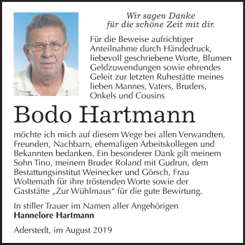 Traueranzeige von Bodo Hartmann von Mitteldeutsche Zeitung Bernburg