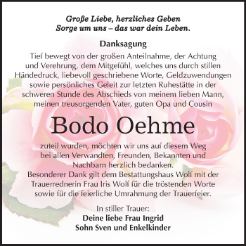Traueranzeige von Bodo Oehme von Mitteldeutsche Zeitung Weißenfels