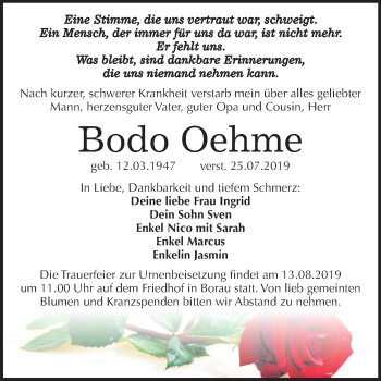 Traueranzeige von Bodo Oehme von Mitteldeutsche Zeitung Weißenfels