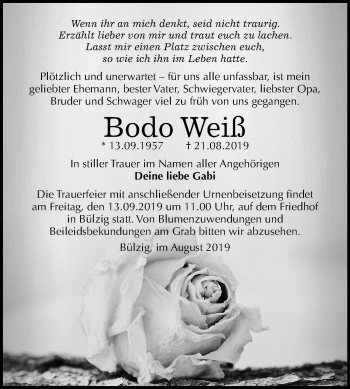 Traueranzeige von Bodo Weiß von Mitteldeutsche Zeitung Wittenberg