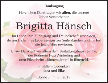 Traueranzeige von Brigitta Hänsch von Mitteldeutsche Zeitung Bitterfeld
