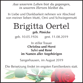Traueranzeige von Brigitta Oertel von Super Sonntag Sangerhausen
